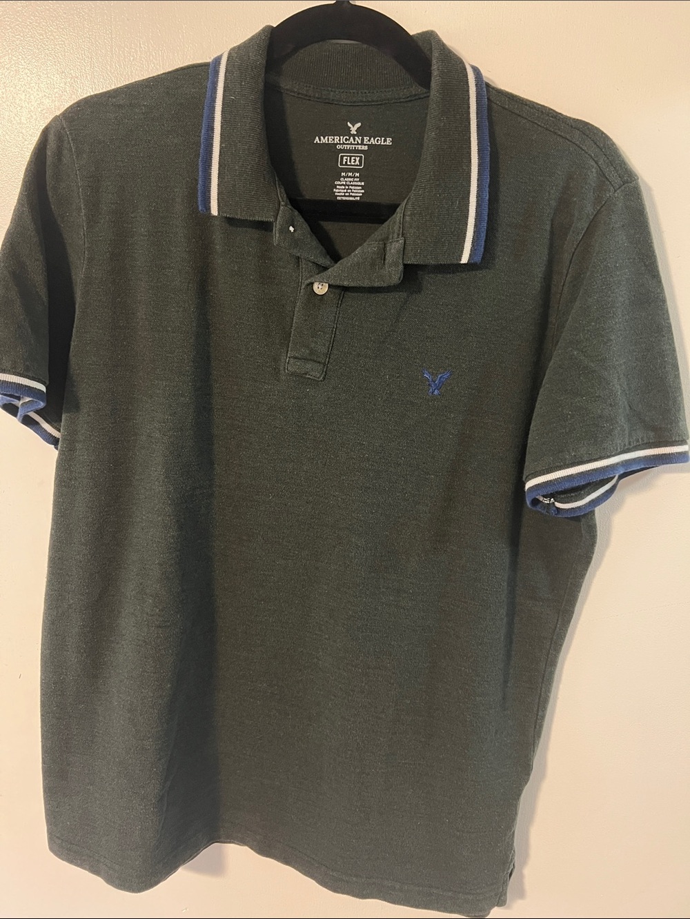 American Eagle Outfitters Men’s Dark Green Polo with Blue and White Trim